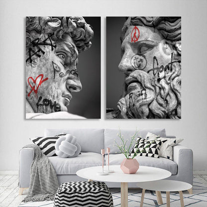 Modular diptych of 2 parts Statues Zeus and David with graffiti Multi Panel Canvas Wall Art Print