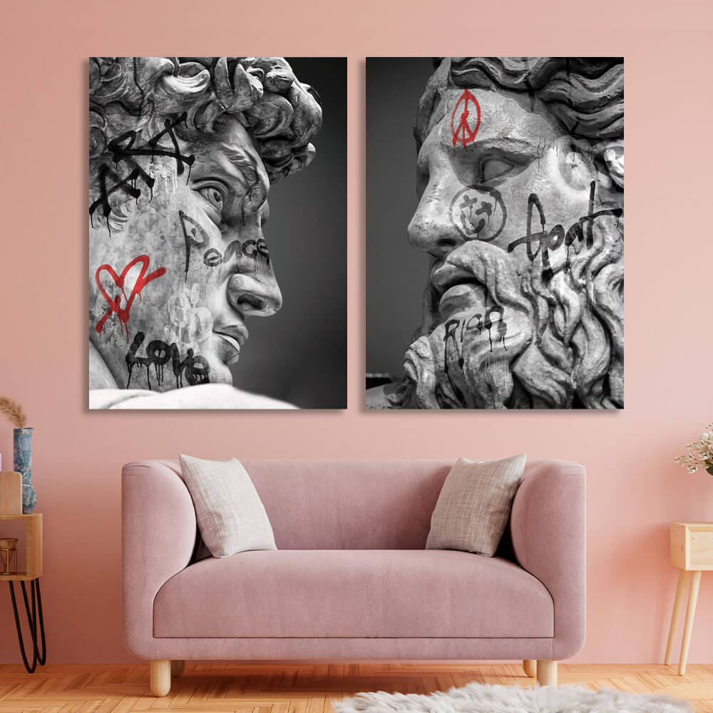 Modular diptych of 2 parts Statues Zeus and David with graffiti Multi Panel Canvas Wall Art Print