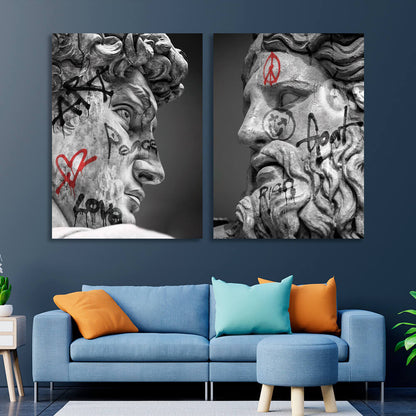 Modular diptych of 2 parts Statues Zeus and David with graffiti Multi Panel Canvas Wall Art Print