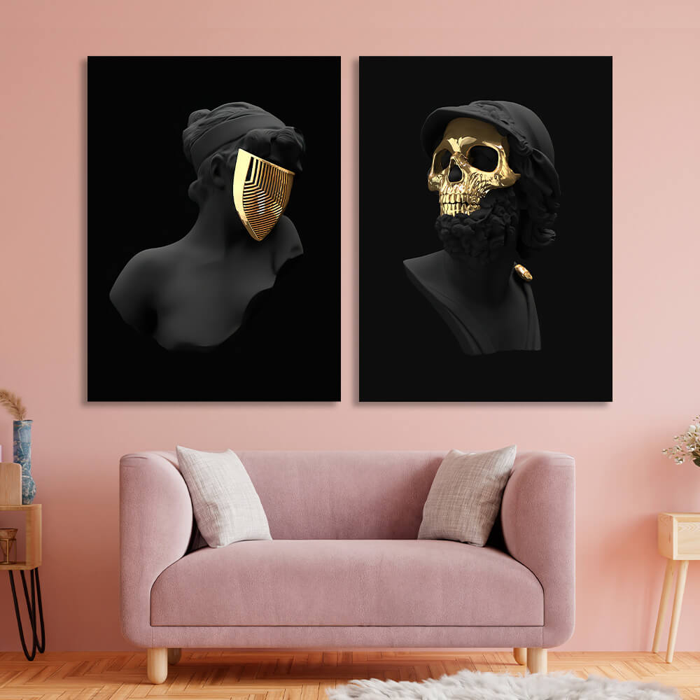 Modular diptych of 2 parts Statues of a woman and a man in golden masks Multi Panel Canvas Wall Art Print