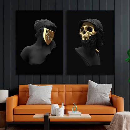 Modular diptych of 2 parts Statues of a woman and a man in golden masks Multi Panel Canvas Wall Art Print