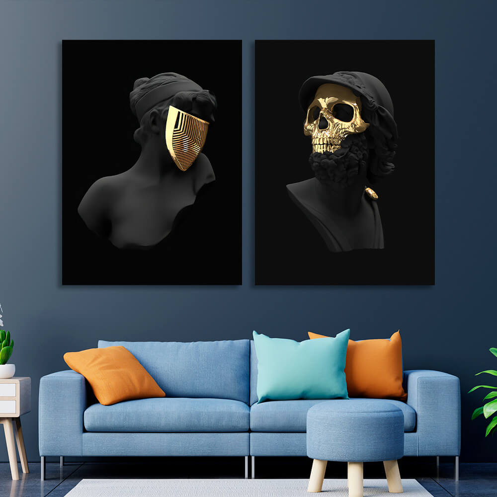 Modular diptych of 2 parts Statues of a woman and a man in golden masks Multi Panel Canvas Wall Art Print