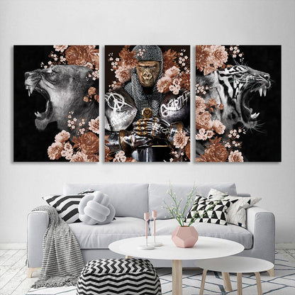 Modular interior triptych of 3 parts Knight Monkey Monkey Lioness and Tigress in colors Multi Panel Canvas Wall Art Print