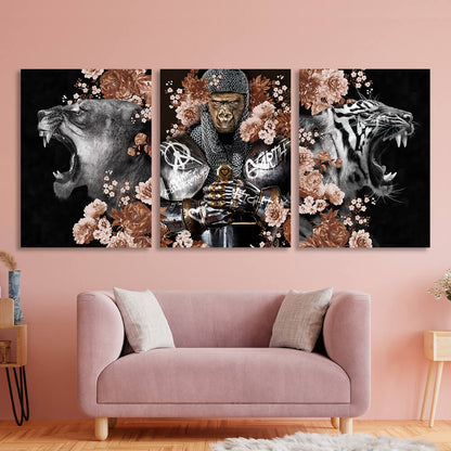 Modular interior triptych of 3 parts Knight Monkey Monkey Lioness and Tigress in colors Multi Panel Canvas Wall Art Print