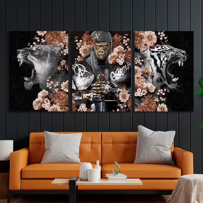 Modular interior triptych of 3 parts Knight Monkey Monkey Lioness and Tigress in colors Multi Panel Canvas Wall Art Print