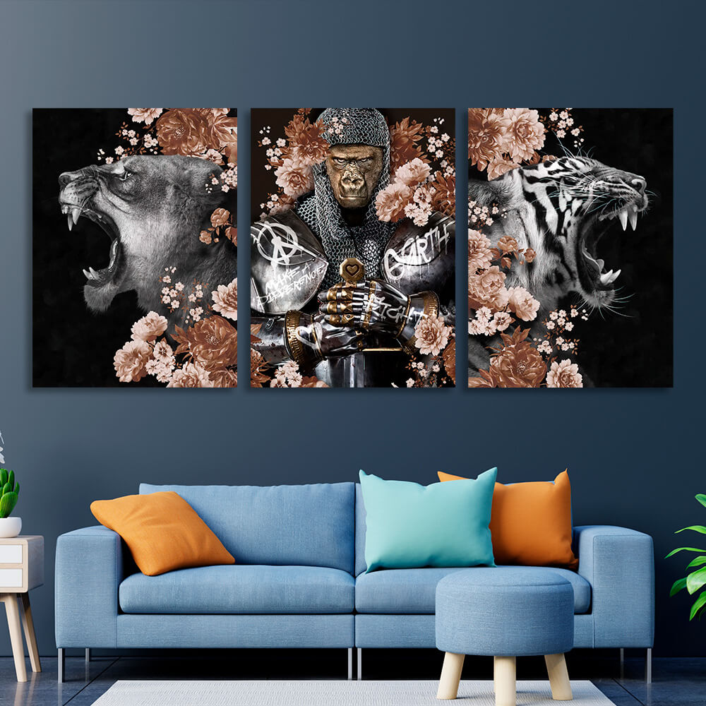 Modular interior triptych of 3 parts Knight Monkey Monkey Lioness and Tigress in colors Multi Panel Canvas Wall Art Print