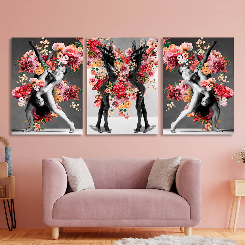 Modular interior triptych of 3 parts Women and dancers in flowers Multi Panel Canvas Wall Art Print