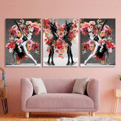 Modular interior triptych of 3 parts Women and dancers in flowers Multi Panel Canvas Wall Art Print