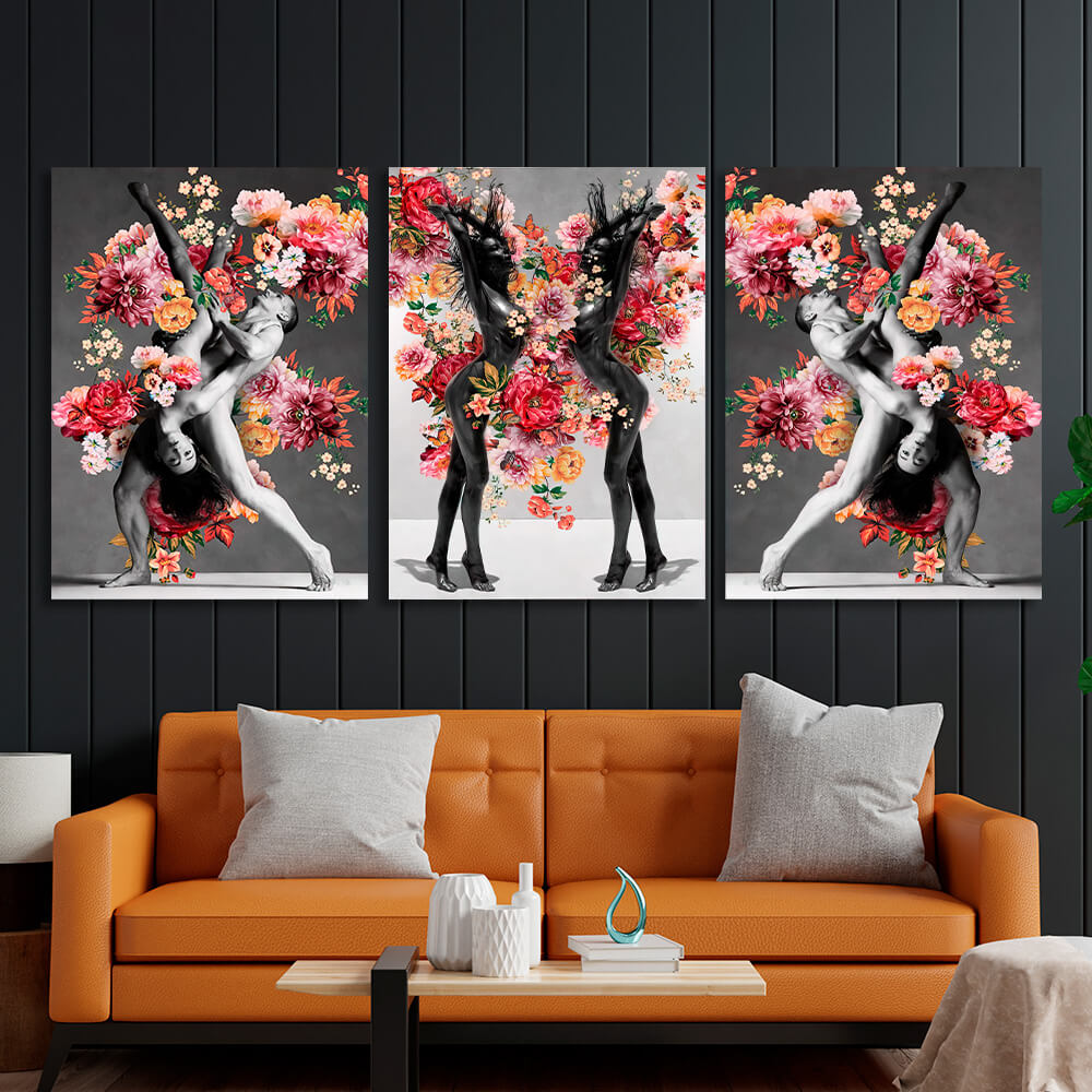 Modular interior triptych of 3 parts Women and dancers in flowers Multi Panel Canvas Wall Art Print