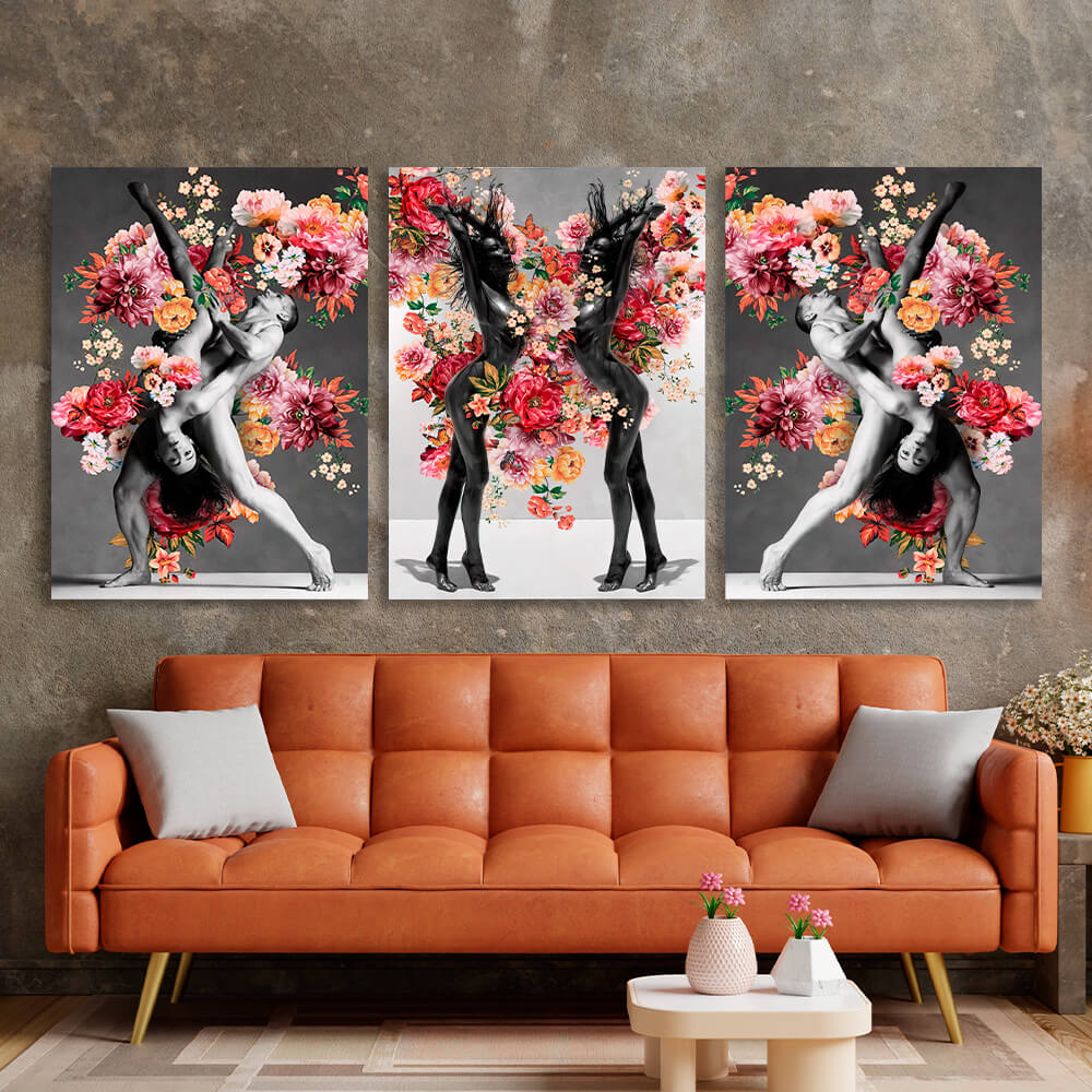 Modular interior triptych of 3 parts Women and dancers in flowers Multi Panel Canvas Wall Art Print