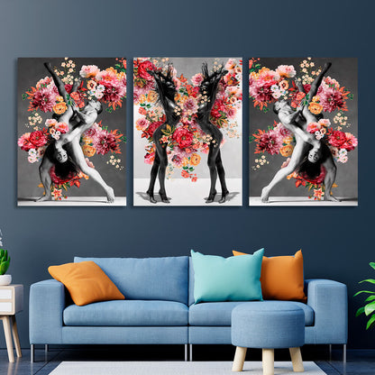 Modular interior triptych of 3 parts Women and dancers in flowers Multi Panel Canvas Wall Art Print