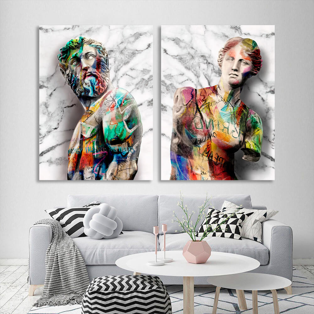 Modular 2-piece diptych of Statues of Zeus and Werner Graffiti Multi Panel Canvas Wall Art Print