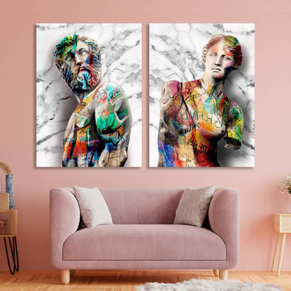 Modular 2-piece diptych of Statues of Zeus and Werner Graffiti Multi Panel Canvas Wall Art Print