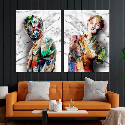 Modular 2-piece diptych of Statues of Zeus and Werner Graffiti Multi Panel Canvas Wall Art Print