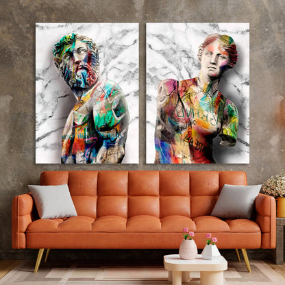 Modular 2-piece diptych of Statues of Zeus and Werner Graffiti Multi Panel Canvas Wall Art Print