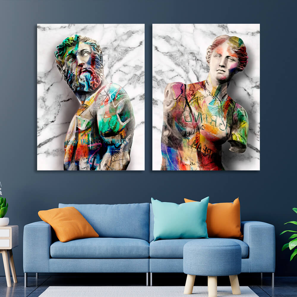 Modular 2-piece diptych of Statues of Zeus and Werner Graffiti Multi Panel Canvas Wall Art Print