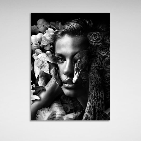 A woman and swans in flowers black and white Canvas Wall Art Print