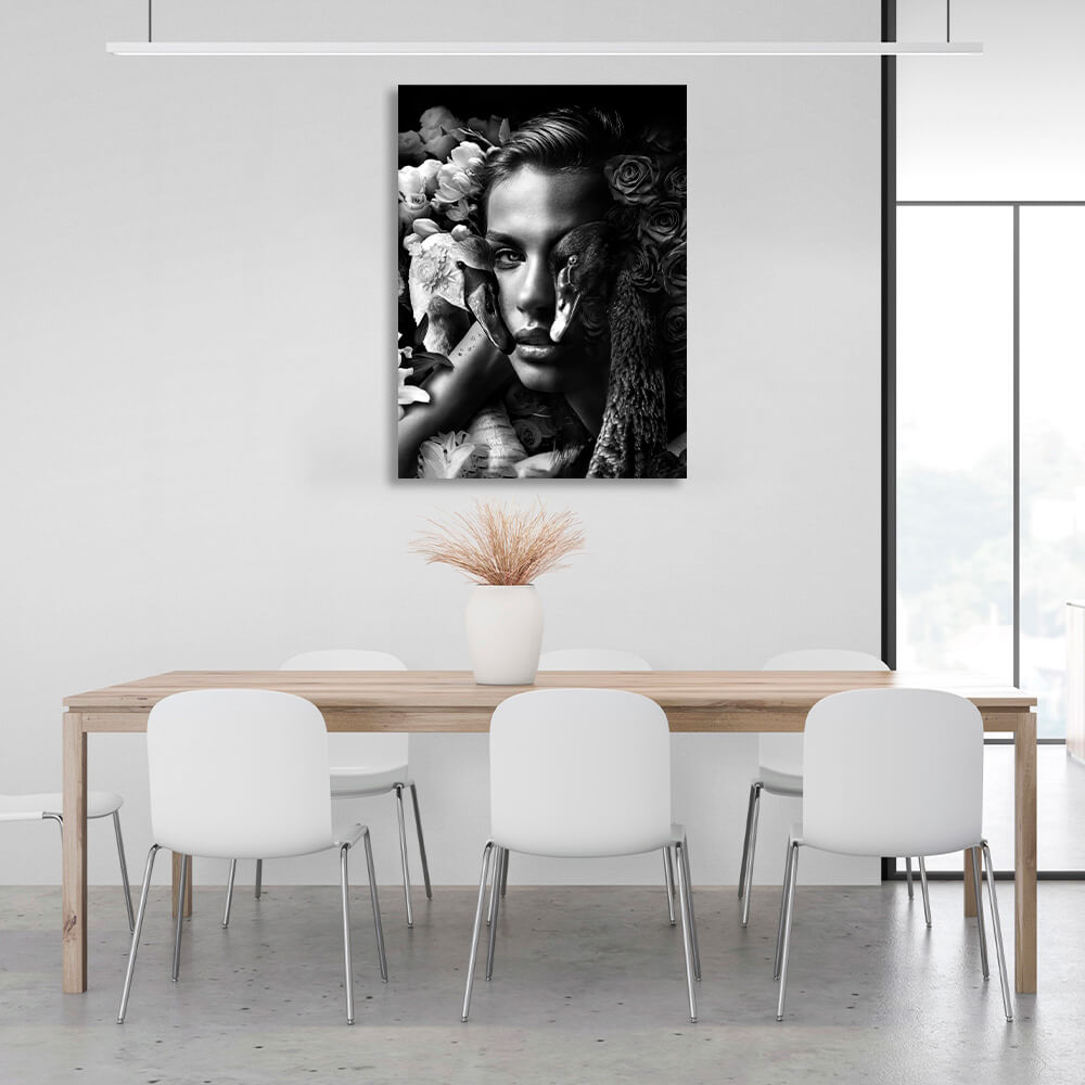 A woman and swans in flowers black and white Canvas Wall Art Print