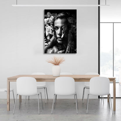 A woman and swans in flowers black and white Canvas Wall Art Print