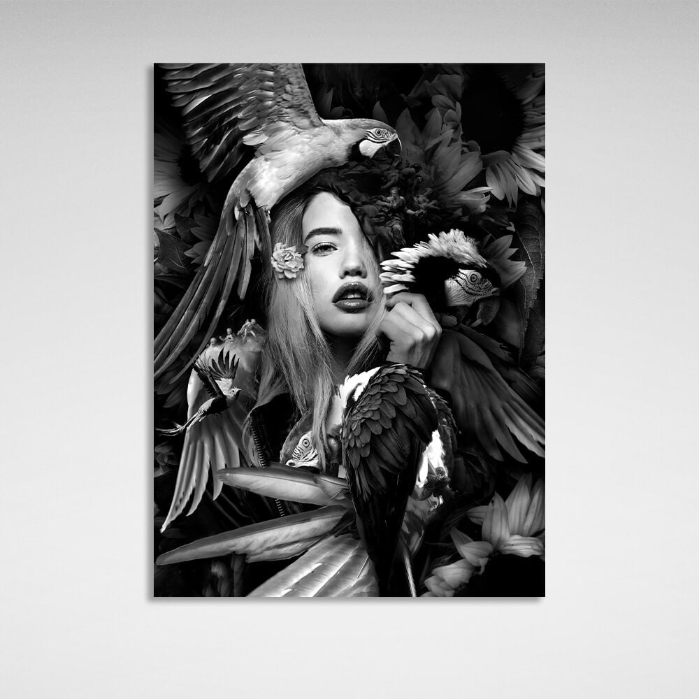 A woman and parrots in flowers black and white Canvas Wall Art Print