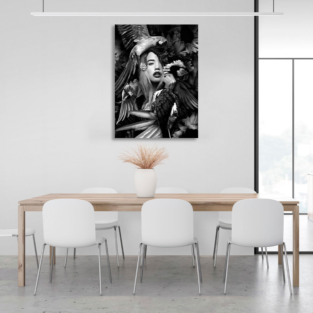 A woman and parrots in flowers black and white Canvas Wall Art Print