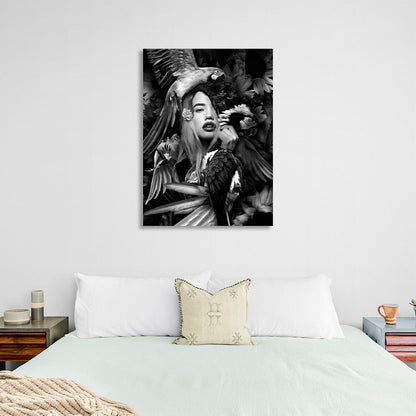 A woman and parrots in flowers black and white Canvas Wall Art Print