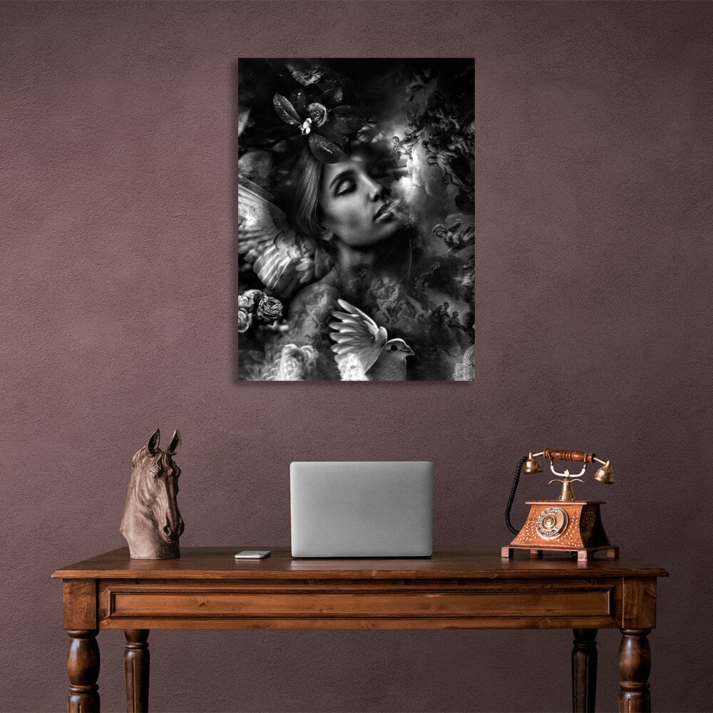 A woman with wings black and white Canvas Wall Art Print