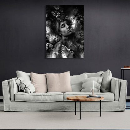 A woman with wings black and white Canvas Wall Art Print