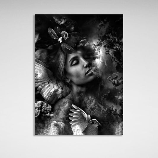 A woman with wings black and white Canvas Wall Art Print