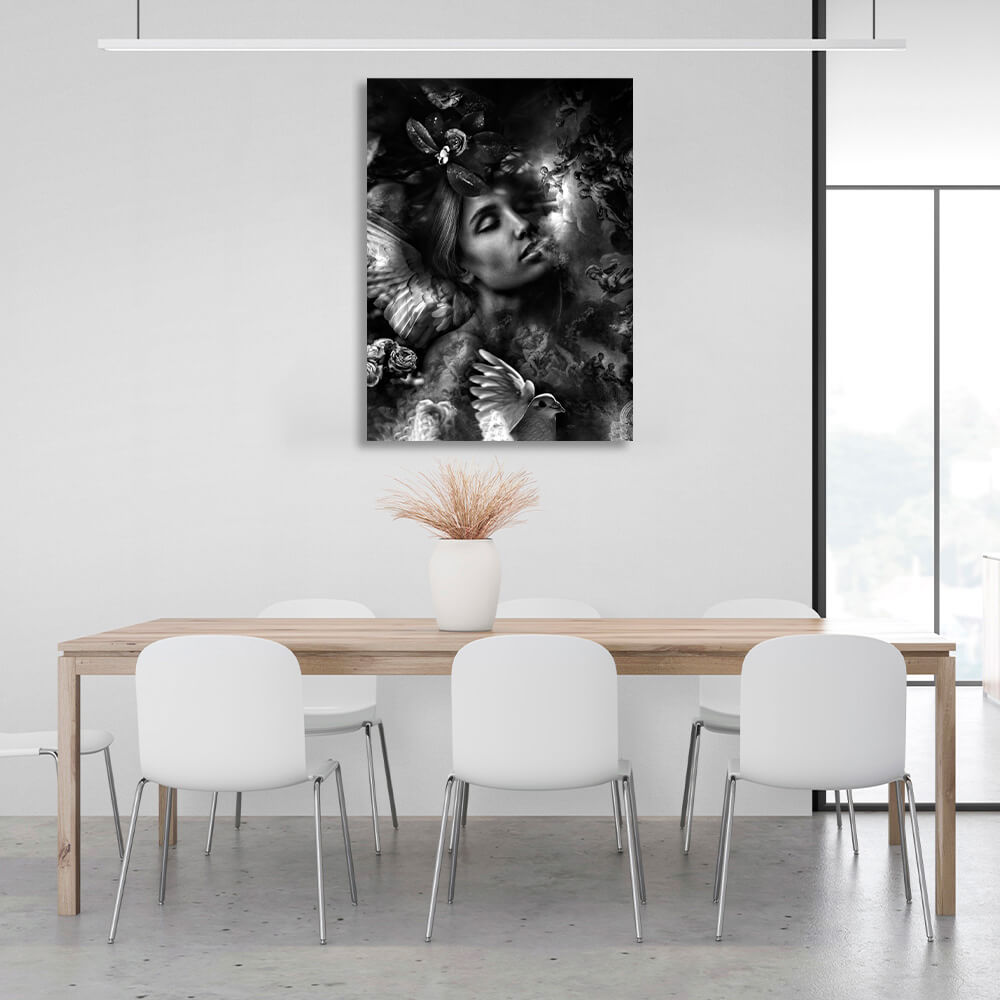 A woman with wings black and white Canvas Wall Art Print