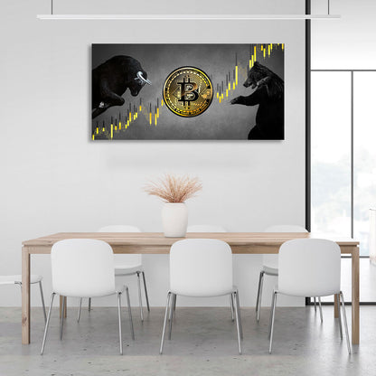 Bitcoin bull and bear on a gray background Inspirational Canvas Wall Art Print