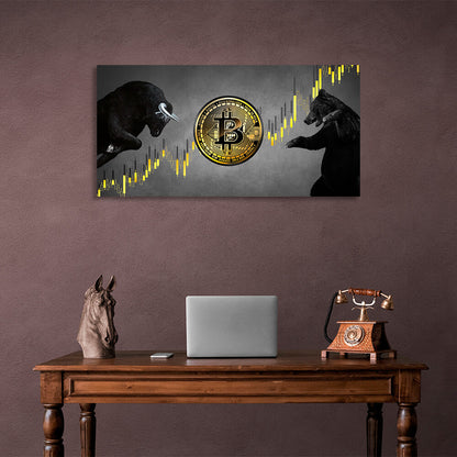 Bitcoin bull and bear on a gray background Inspirational Canvas Wall Art Print