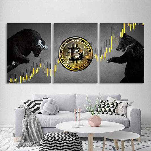 Motivations modular 3-piece Bitcoin bull and bear on gray background Multi Panel Canvas Wall Art Print