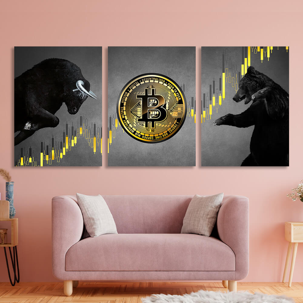 Motivations modular 3-piece Bitcoin bull and bear on gray background Multi Panel Canvas Wall Art Print