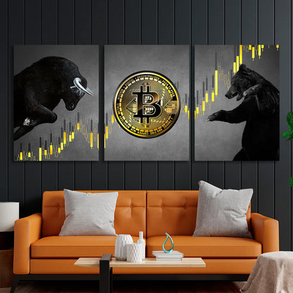 Motivations modular 3-piece Bitcoin bull and bear on gray background Multi Panel Canvas Wall Art Print