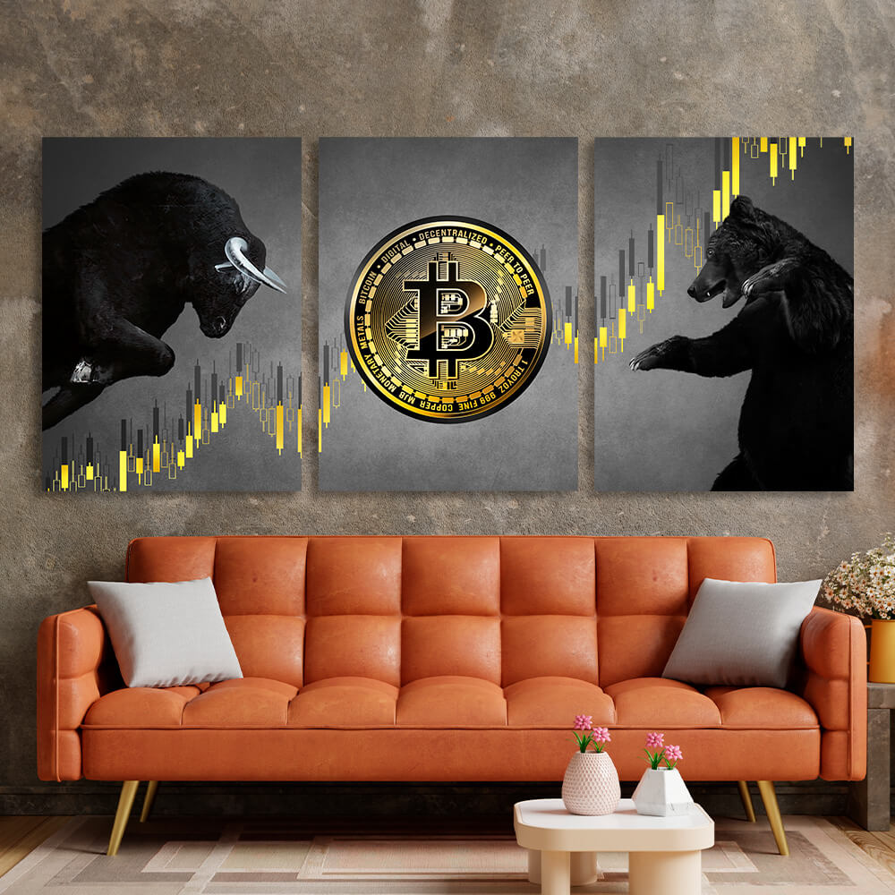 Motivations modular 3-piece Bitcoin bull and bear on gray background Multi Panel Canvas Wall Art Print