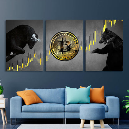 Motivations modular 3-piece Bitcoin bull and bear on gray background Multi Panel Canvas Wall Art Print