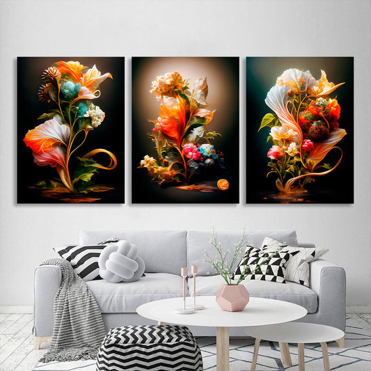 Modular interior triptych of 3 parts Retro Flowers Multi Panel Canvas Wall Art Print