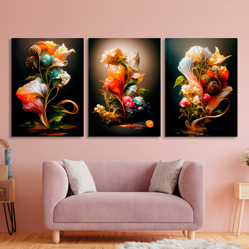 Modular interior triptych of 3 parts Retro Flowers Multi Panel Canvas Wall Art Print