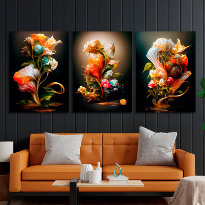 Modular interior triptych of 3 parts Retro Flowers Multi Panel Canvas Wall Art Print