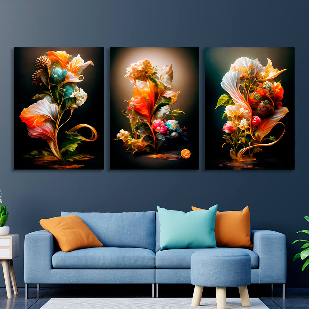 Modular interior triptych of 3 parts Retro Flowers Multi Panel Canvas Wall Art Print