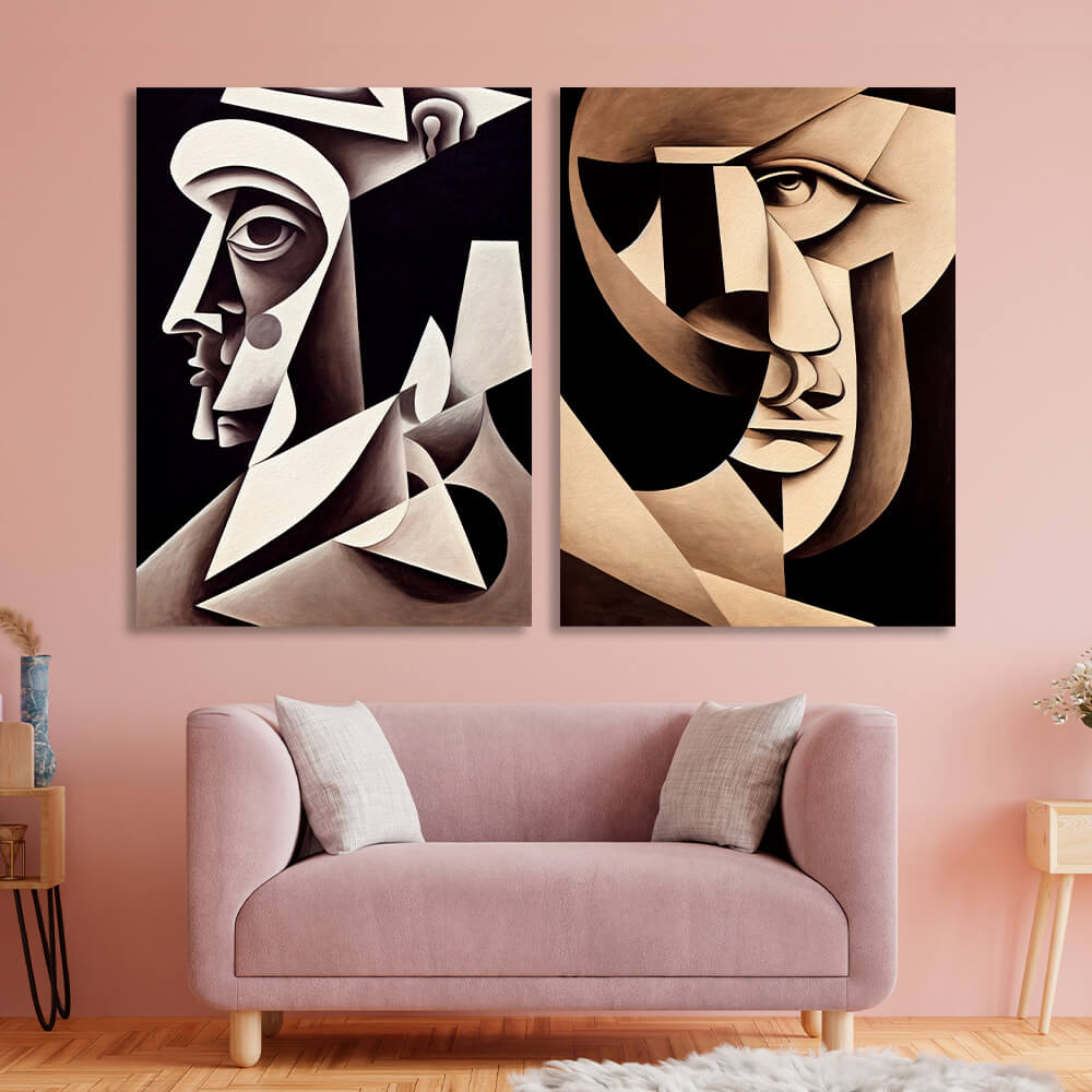 Modular 2-piece diptych Two portraits abstract cubism Multi Panel Canvas Wall Art Print