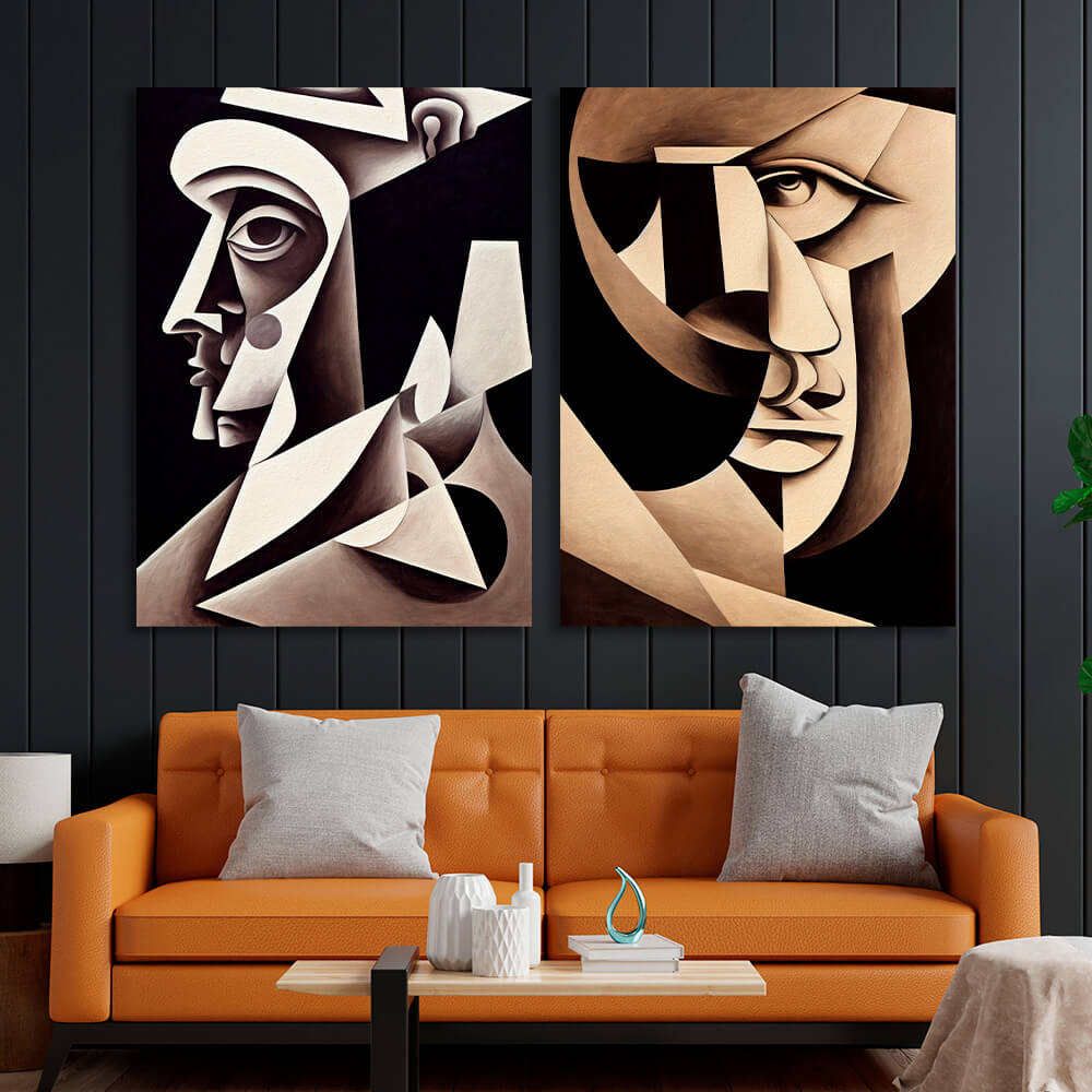 Modular 2-piece diptych Two portraits abstract cubism Multi Panel Canvas Wall Art Print