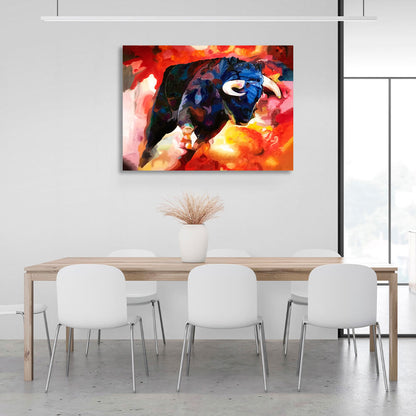 Blue bull on a red background Canvas Wall Art Print