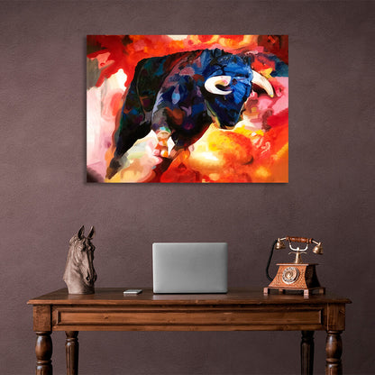 Blue bull on a red background Canvas Wall Art Print