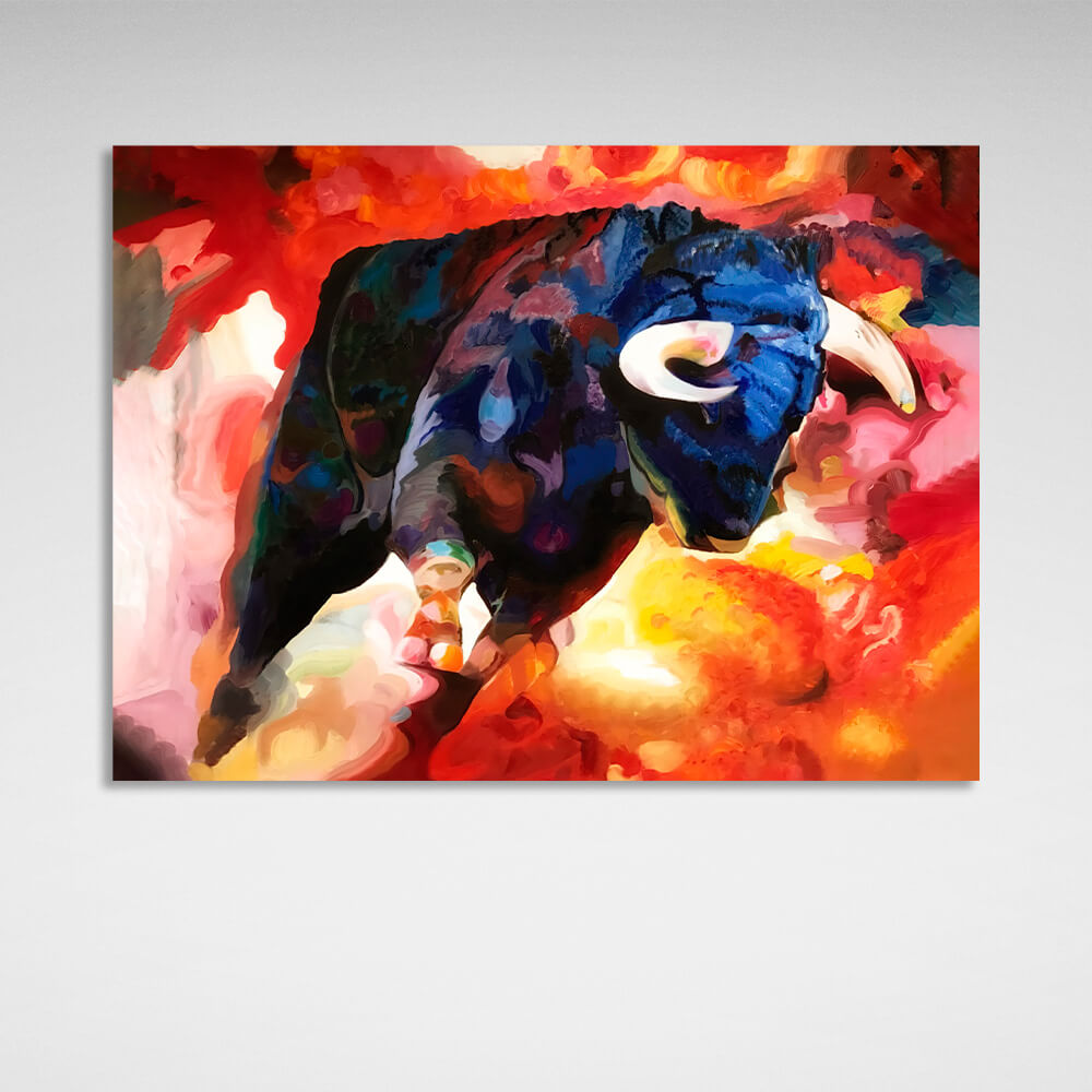 Blue bull on a red background Canvas Wall Art Print