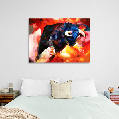 Blue bull on a red background Canvas Wall Art Print