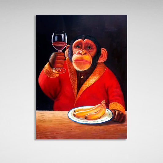 Monkey, bananas and wine Canvas Wall Art Print