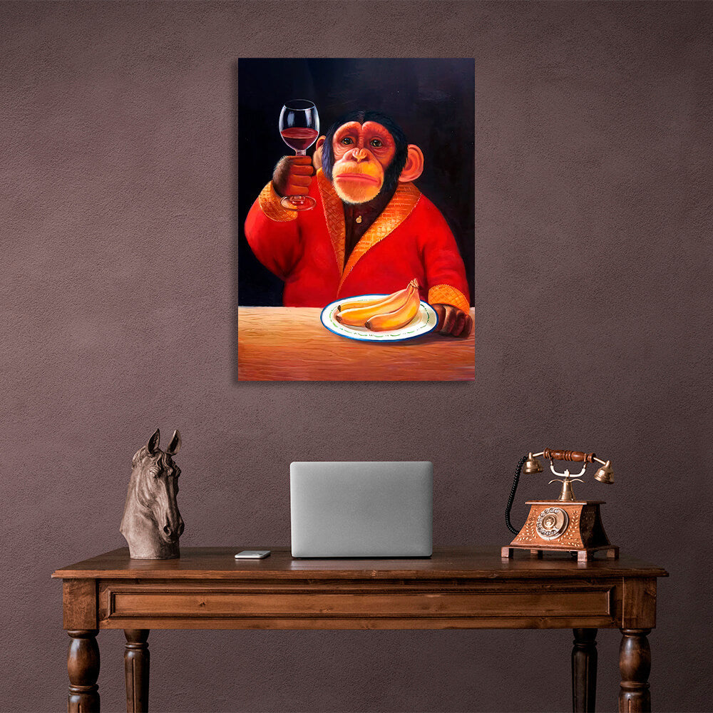 Monkey, bananas and wine Canvas Wall Art Print