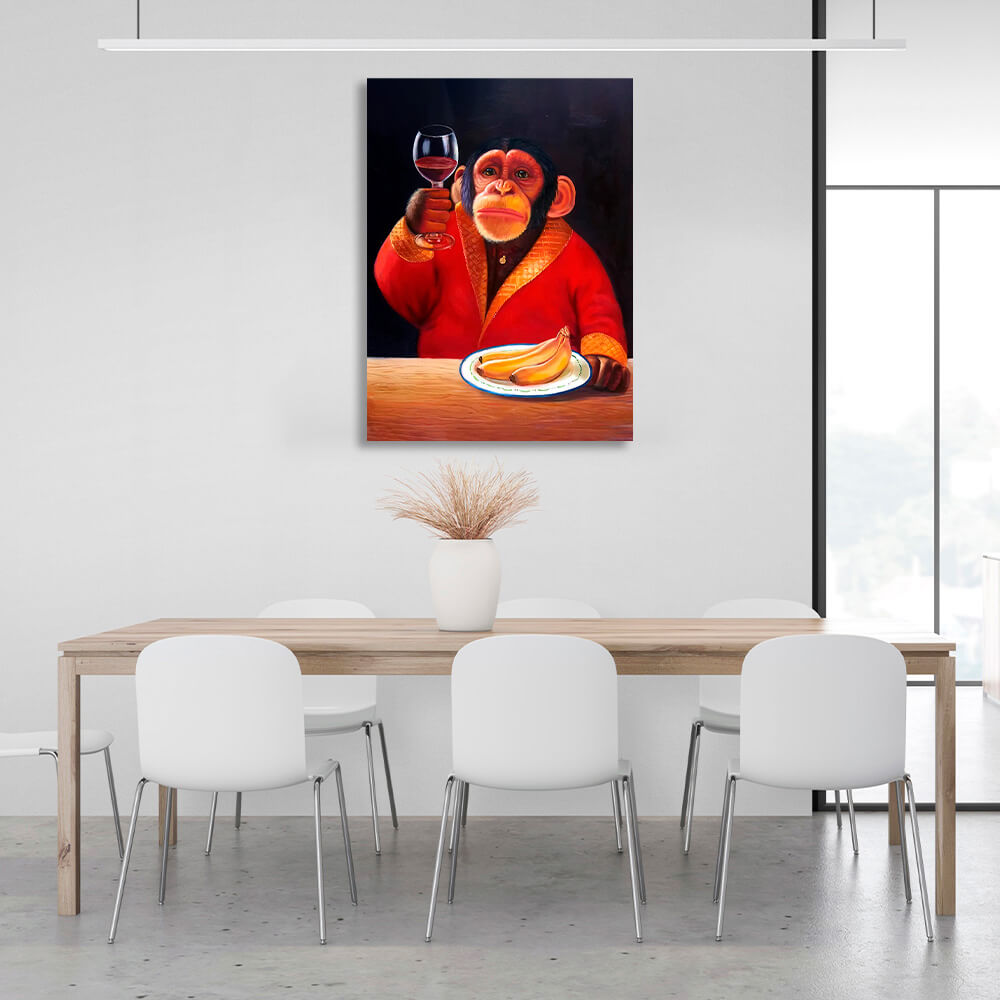 Monkey, bananas and wine Canvas Wall Art Print